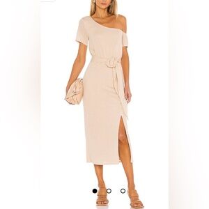 Privacy Please Beige Off-Shoulder Midi Dress